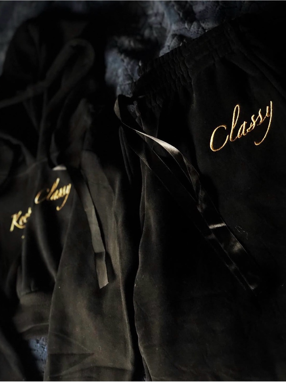 Black Cropped Hoodie Sweatsuit with Gold Script